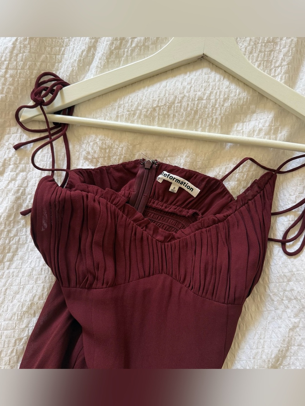 reformation burgundy ruched sweetheart chiffon maxi dress | size 0